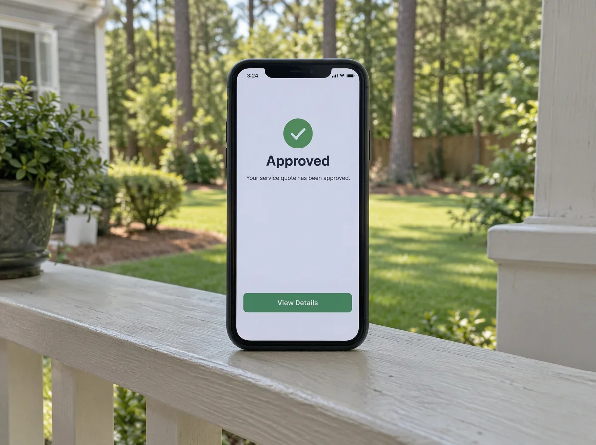 Phone showing an approved quote on a porch railing