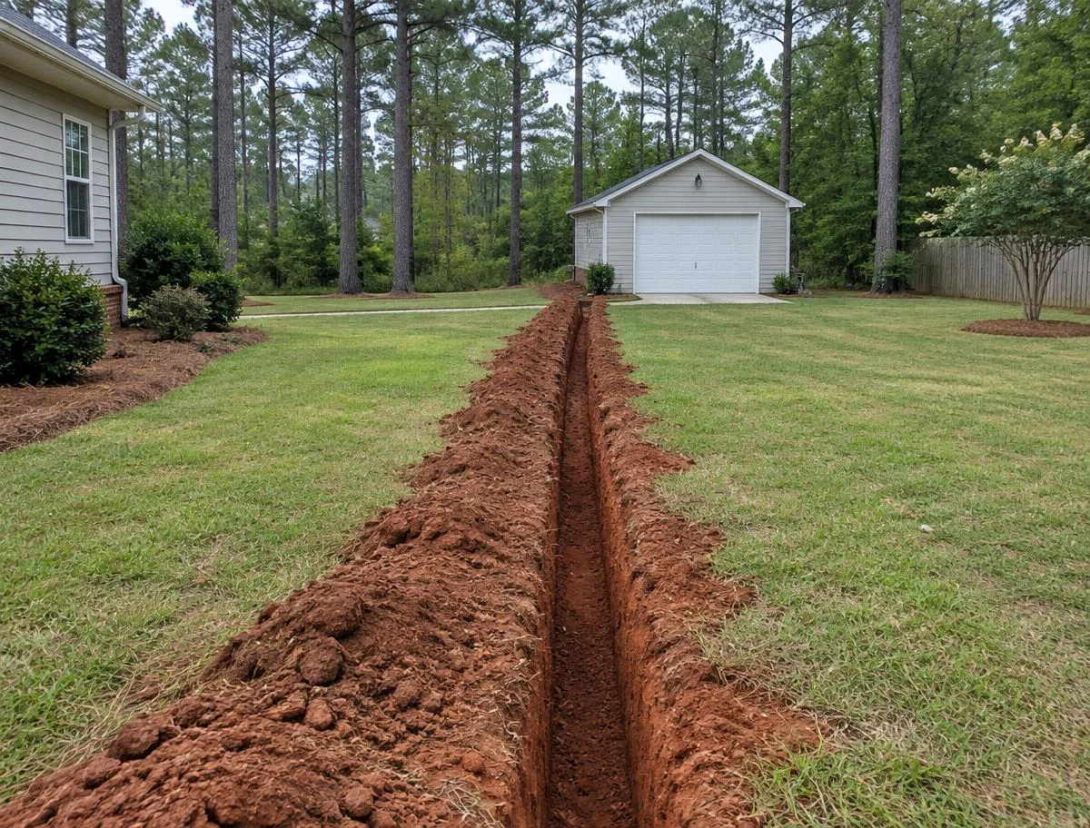 Narrow utility trench across a backyard
