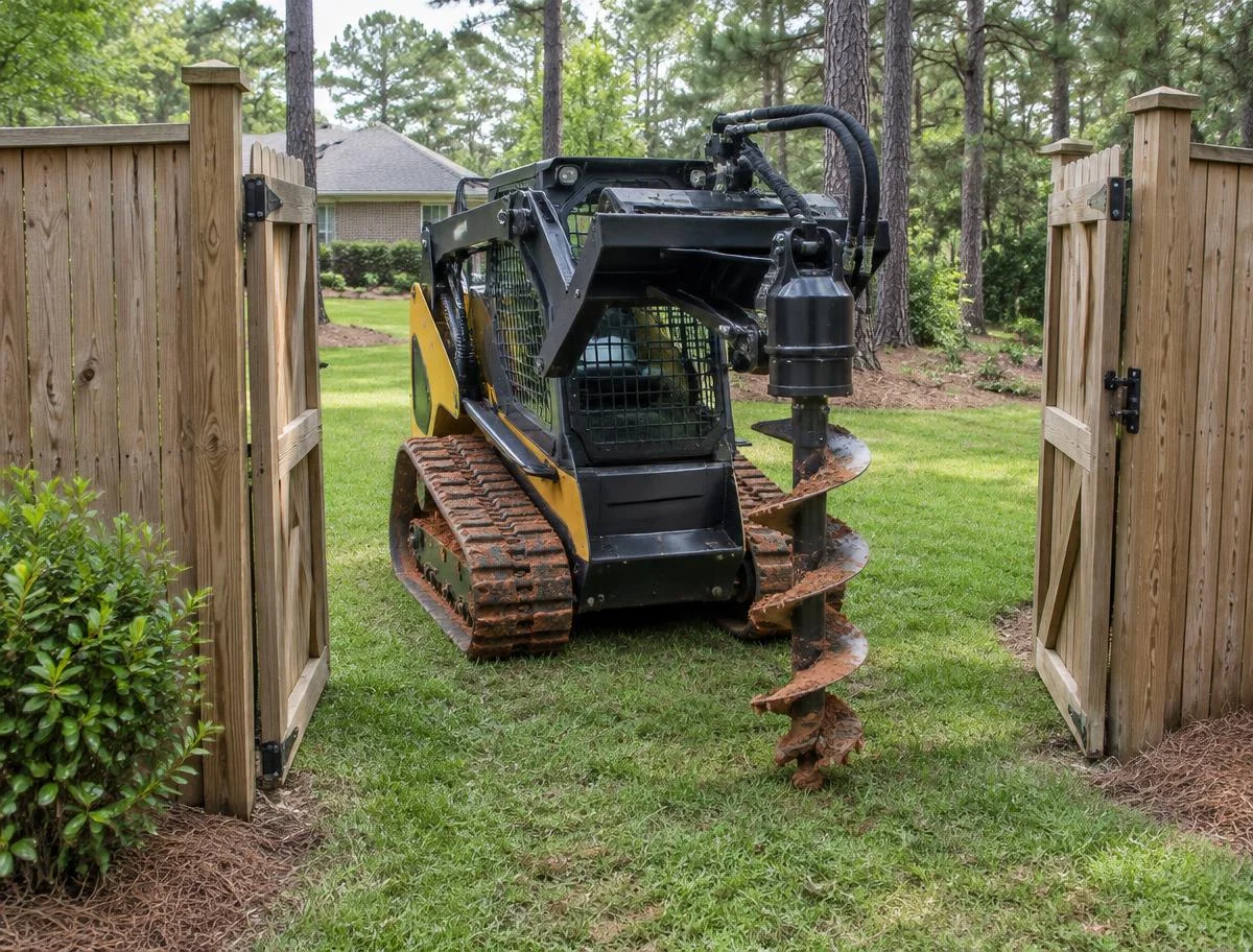 Compact tracked mini skid steer at an open backyard gate