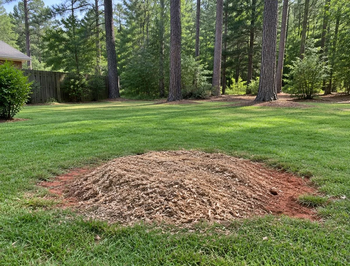 Freshly ground stump spot with a neat pile of wood chips