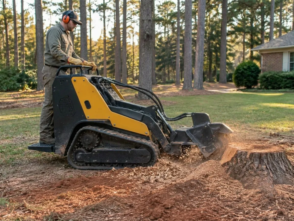 Operator on a mini skid steer with a stump grinder attachment grinding a hardwood stump