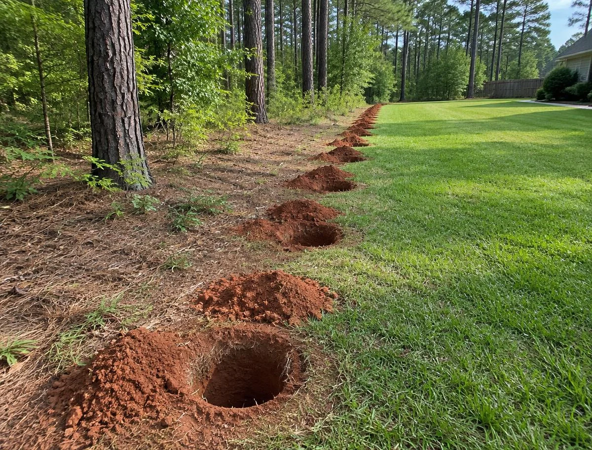 Freshly augered fence post holes along a property line