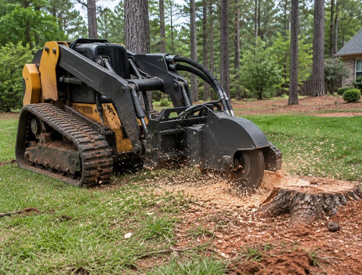 Stump grinder attachment grinding a hardwood stump