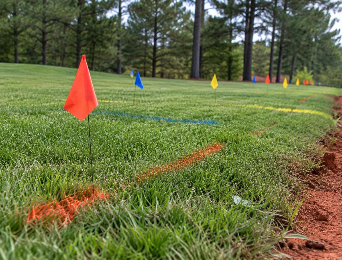 Colored utility flags and paint marks in a lawn